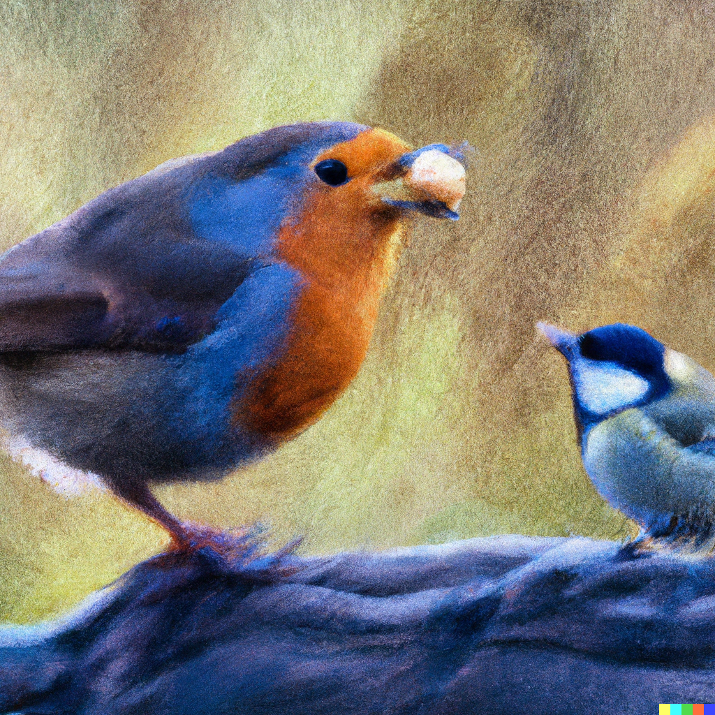 DALLE 2023 03 31 08.10.14 a giant robin feeding a tiny titmouse impressionist style